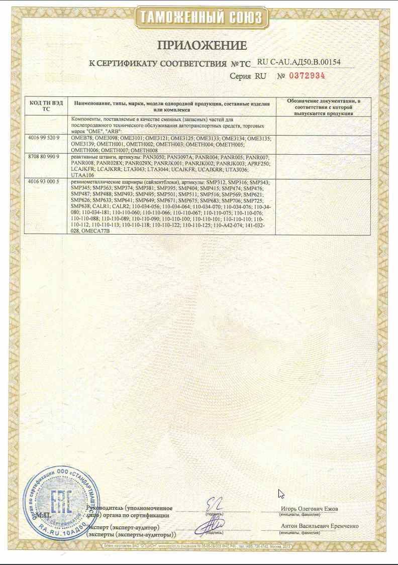 Сертификат соответствия таможенного союза OME Страница 3